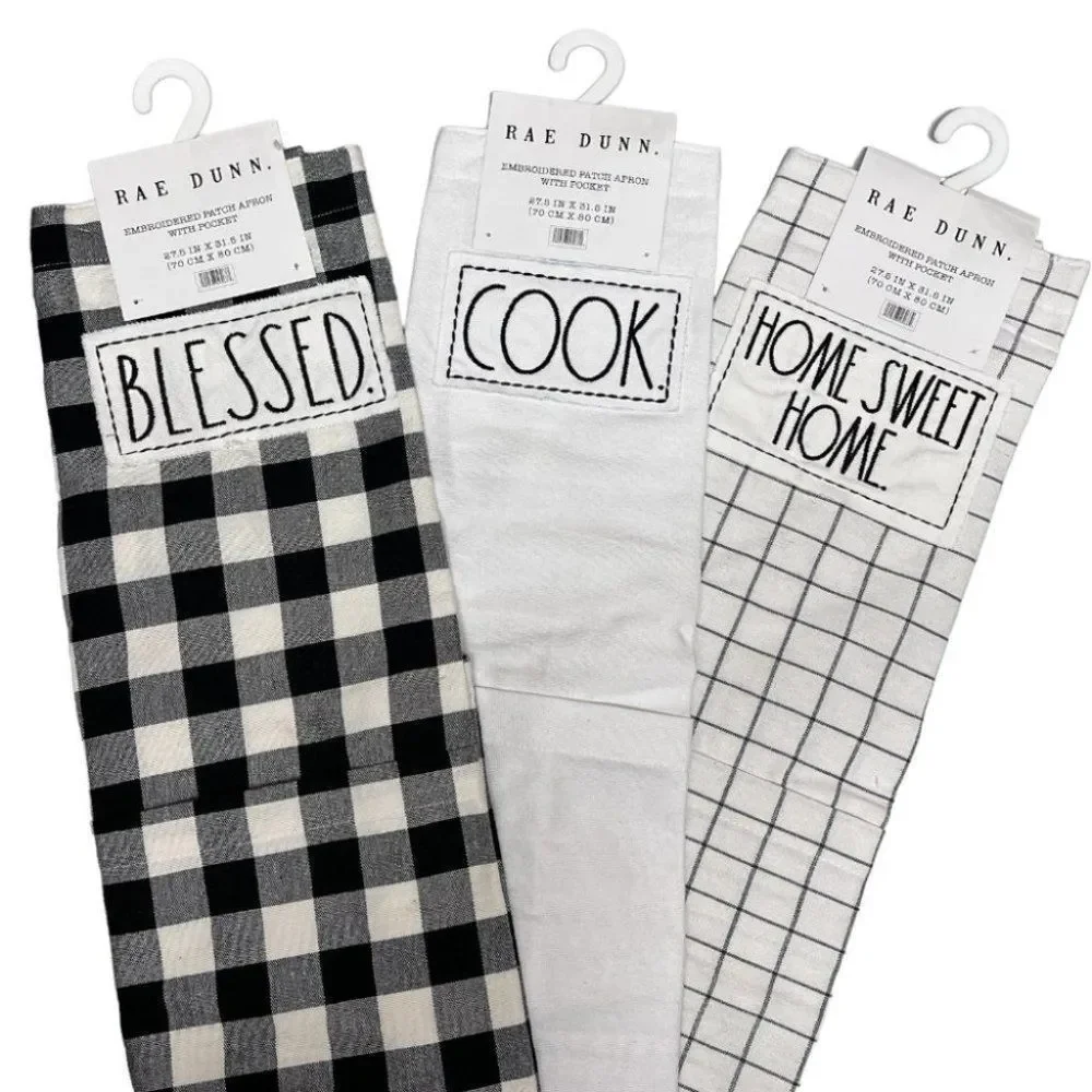 Rae Dunn‎ Blessed /Cook /Home Sweet Home Apron Embroidered Patch Pocket Checked